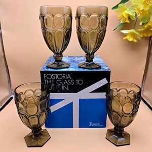 Fostoria Moonstone Smoke Brown IceTea Goblets Thumbprint Hex Base Set of 4 Boxed